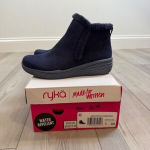 NEW Ryka Neela Academy Blue Water Repellent Faux Fur Ankle Boots Wide Width 8W